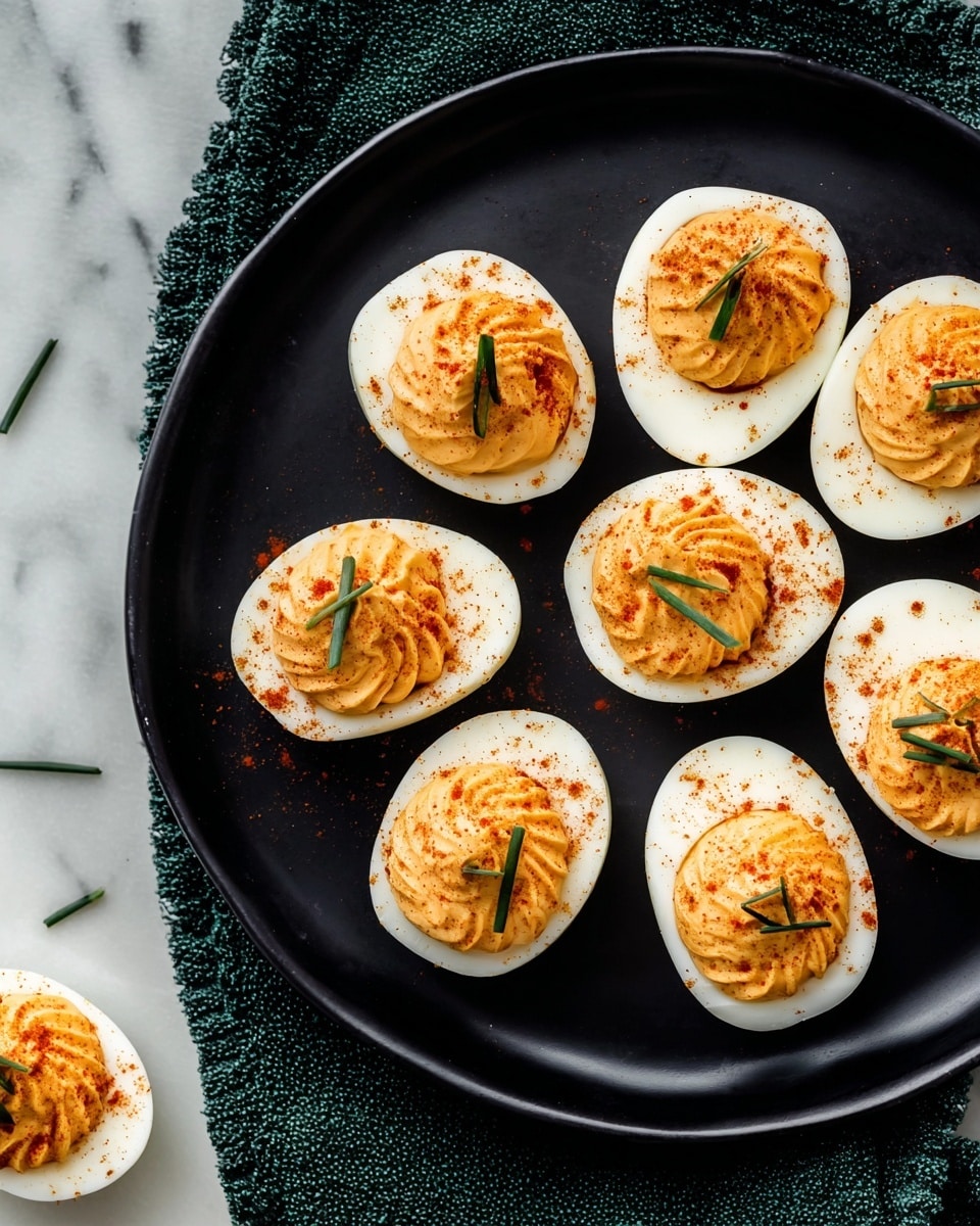 A black plate with seven deviled egg halves arranged on it, each egg white half filled with a smooth, orange creamy yolk mixture topped with a small green chive piece, the yolk mixture has some grill-like lines and a light dusting of red paprika powder. Around the plate, on a white marbled surface, there are two more deviled egg halves with the same details. A dark green textured cloth is placed beside the plate. photo taken with an iphone --ar 4:5 --v 7