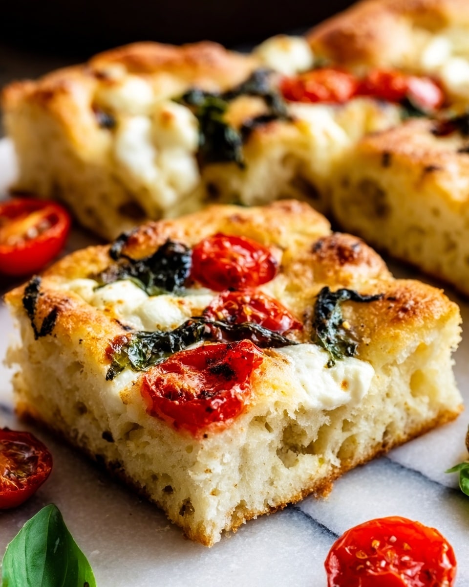 The image shows a close-up of a thick square slice of focaccia bread on a white marbled surface, topped with bright red cherry tomato halves, wilted dark green basil leaves, and melted white mozzarella cheese with a lightly browned, bubbly texture. The golden-brown crust is uneven and airy, with soft, fluffy thickness beneath the toppings. Around the slice, there are whole cherry tomatoes and scattered basil leaves, adding color contrast. The lighting highlights the texture of the bread and the freshness of the toppings. photo taken with an iphone --ar 4:5 --v 7