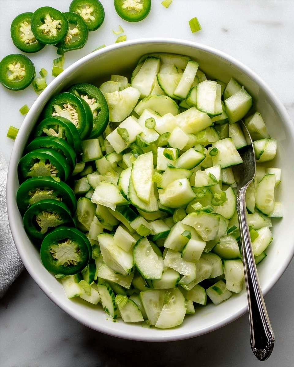 A white bowl filled with chopped cucumber pieces that show a mix of light green skin and translucent white flesh, layered evenly across the bowl. On the left side of the bowl, there are several slices of cucumber arranged beside a small stack of round, sliced green jalapeños with their seeds visible inside. A silver spoon rests inside the bowl on the right edge, partially submerged among the cucumbers. The bowl is placed on a white marbled surface, and some cucumber and jalapeño slices are scattered nearby. Photo taken with an iphone --ar 4:5 --v 7