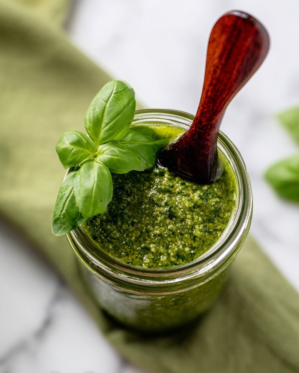 A small clear glass jar filled with vibrant green pesto that has a textured, slightly chunky surface with visible bits of ingredients. A deep reddish-brown wooden spoon rests inside the pesto on the right side of the jar, partially submerged. On the left side of the jar mouth, there are fresh bright green basil leaves adding a fresh touch on top. The jar is placed on a white marbled surface with a green cloth napkin partially visible in the background behind the jar. Photo taken with an iphone --ar 4:5 --v 7