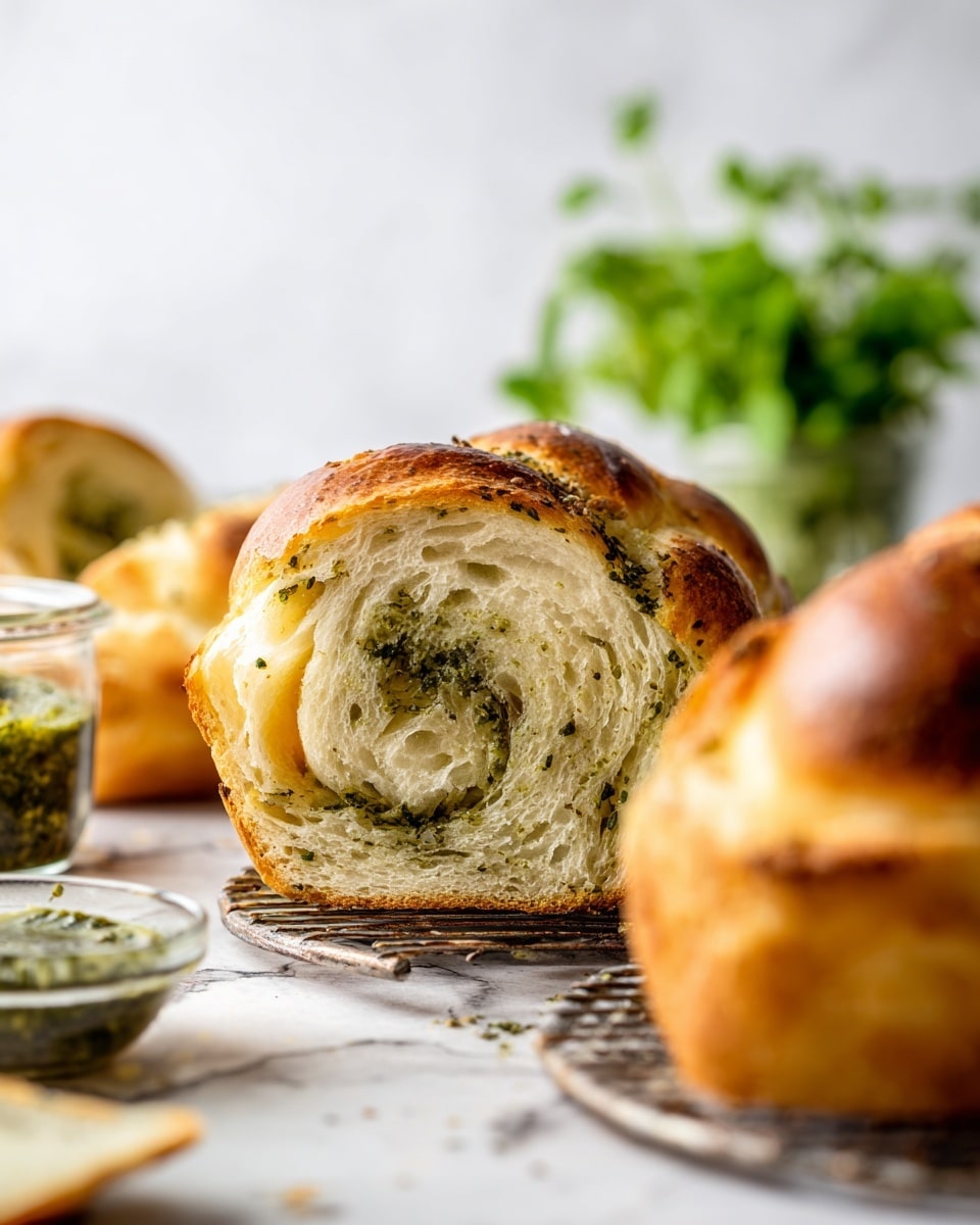 The image shows a close-up of a round loaf of bread cut open to reveal a soft, light beige inside with swirls of green herb filling spread unevenly throughout the bread layers. The outside crust is golden brown and slightly glossy. The bread is placed on a wire rack on a white marbled surface, with several other sliced pieces blurred in the foreground and background. There is a small bowl with green sauce on the left and a glass jar with fresh green herbs blurred in the back left side of the image. photo taken with an iphone --ar 4:5 --v 7