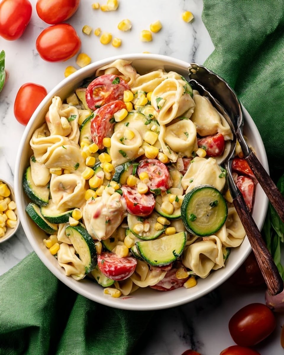 The image shows a white bowl filled with tortellini pasta mixed with sliced green zucchini, halved red cherry tomatoes, and yellow corn kernels, all layered evenly and mixed throughout the dish. The tortellini pieces are light beige with a smooth texture, while the zucchini slices are bright green with a slightly glossy surface. The cherry tomatoes are juicy and shiny with a vibrant red color, and the yellow corn adds small pops of color scattered inside and on top. The bowl is set on a white marbled surface with a green cloth napkin to the left, whole cherry tomatoes at the bottom, and some corn kernels scattered around. A pair of dark wooden salad tongs rests inside the bowl. Photo taken with an iphone --ar 4:5 --v 7
