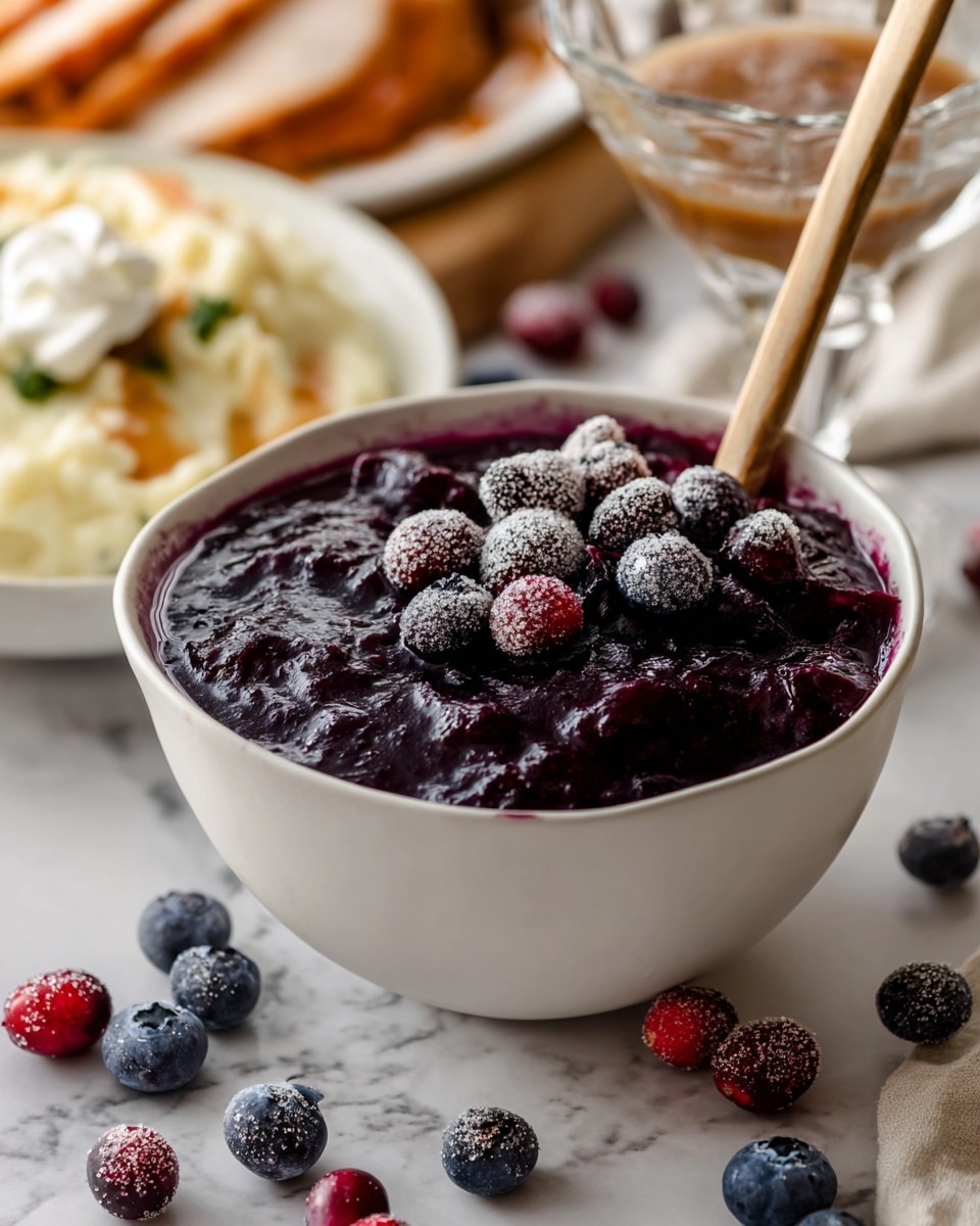 A white bowl filled with thick, deep purple berry sauce sits at the center, topped with whole blueberries and cranberries, some covered lightly in sugar crystals, adding a frosty texture. A light wooden spoon is placed inside the bowl on the right side. Scattered frozen blueberries and cranberries surround the bowl on a white marbled surface. In the background, blurred mashed potatoes with brown gravy, slices of turkey with a light brown sauce, and a glass bowl filled with whipped cream can be seen, all set on the white marbled surface. photo taken with an iphone --ar 4:5 --v 7