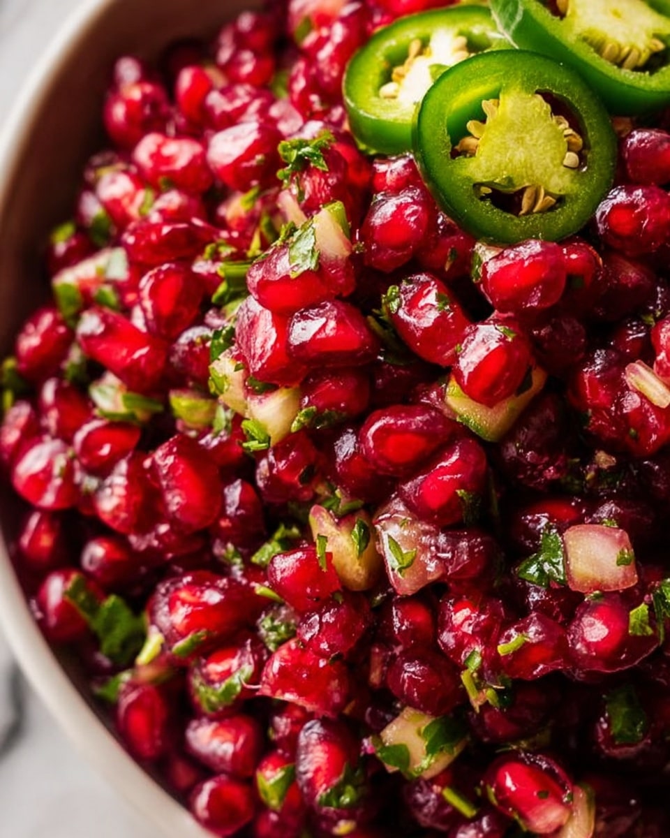 A close-up view of a vibrant dish primarily made up of shiny, juicy red pomegranate seeds that fill most of the frame. Mixed in are small, chopped bits of fresh green herbs, scattered evenly throughout, adding pops of green color. Thin slices of bright green jalapeño peppers are visible on the top, creating contrast against the red seeds. The texture looks fresh and moist, with a glistening shine on the seeds showing their juiciness. The dish is presented on a white plate, set against a white marbled surface. photo taken with an iphone --ar 4:5 --v 7