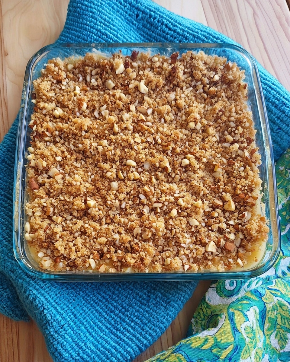 A square glass baking dish filled with a golden brown crumbly topping that looks crunchy and has small pieces of nuts scattered throughout, covering a smooth, unseen layer beneath it. The dish sits on a light wood surface with a blue textured towel and a green and blue patterned cloth partially underneath it. photo taken with an iphone --ar 4:5 --v 7
