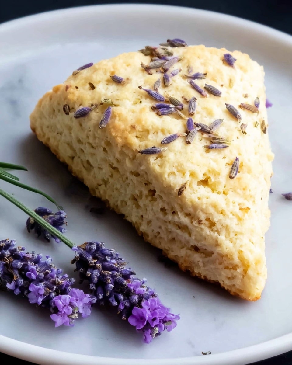 A close-up of a single triangular scone with a pale golden color and a soft, slightly crumbly texture, topped with small dried lavender buds scattered across the surface. The scone rests on a smooth white plate, placed on a white marbled surface. To the left of the scone, there are three small sprigs of fresh lavender with dark purple flowers and green stems, adding a pop of color next to the light scone. photo taken with an iphone --ar 4:5 --v 7
