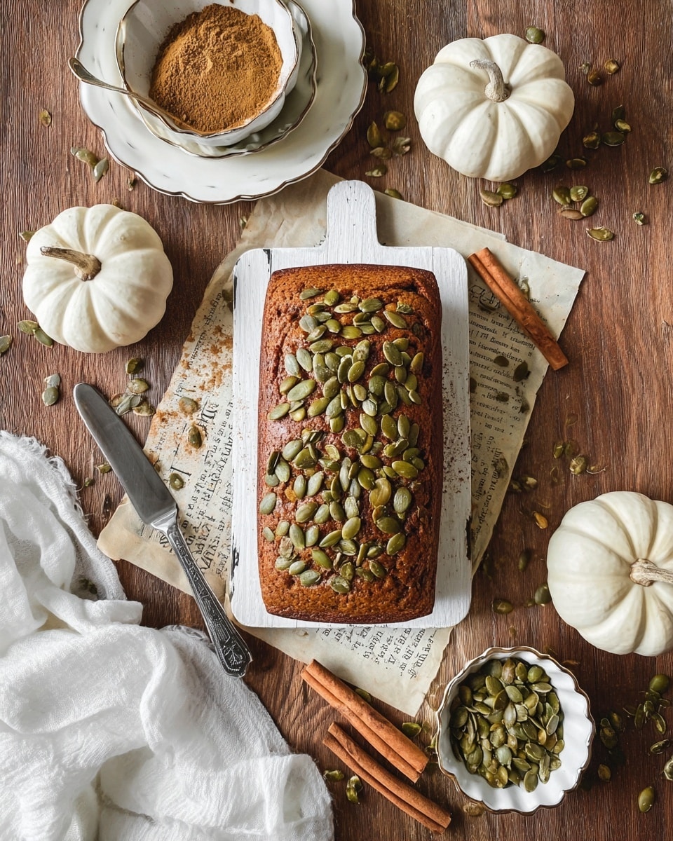 The image shows a rectangular brown loaf cake covered thickly with green pumpkin seeds on top, placed on a white wooden board. Around it are three small white pumpkins, two cinnamon sticks, and scattered pumpkin seeds. To the top left, there is a white scalloped bowl filled with a brown powder and a spoon resting in it, stacked on a white scalloped plate. To the bottom right, there is another white scalloped bowl filled with pumpkin seeds. An old silver knife lies next to the loaf on a sheet of paper with text. Everything is set on a brown wood surface with a white cloth at the bottom left corner. Photo taken with an iphone --ar 4:5 --v 7