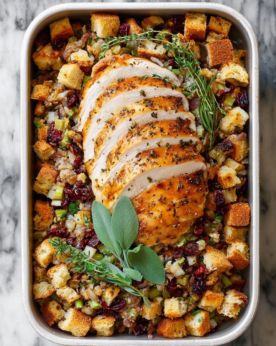 A white rectangular baking dish filled with a layer of golden brown bread cubes mixed with chopped celery, dried cranberries, and fresh green herbs for texture and color. On top, there is a sliced roasted chicken breast, showing a glossy light brown skin with visible black pepper and juicy white meat inside. A small bunch of fresh sage and thyme sprigs is placed near the chicken for decoration. The dish is placed on a white marbled surface. photo taken with an iphone --ar 4:5 --v 7