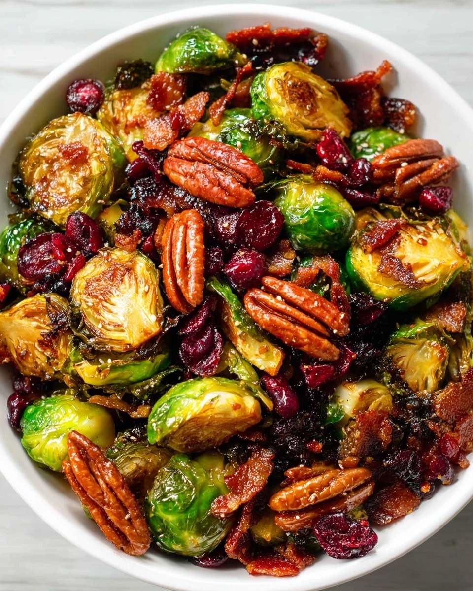 A white bowl filled with a colorful mix of roasted Brussels sprouts that are charred and green with some golden brown edges, scattered with shiny, reddish dried cranberries, whole pecans with a rich brown color, and crispy, dark brown pieces of cooked bacon, all layered together creating a textured and vibrant dish, sitting on a white marbled texture surface. photo taken with an iphone --ar 4:5 --v 7