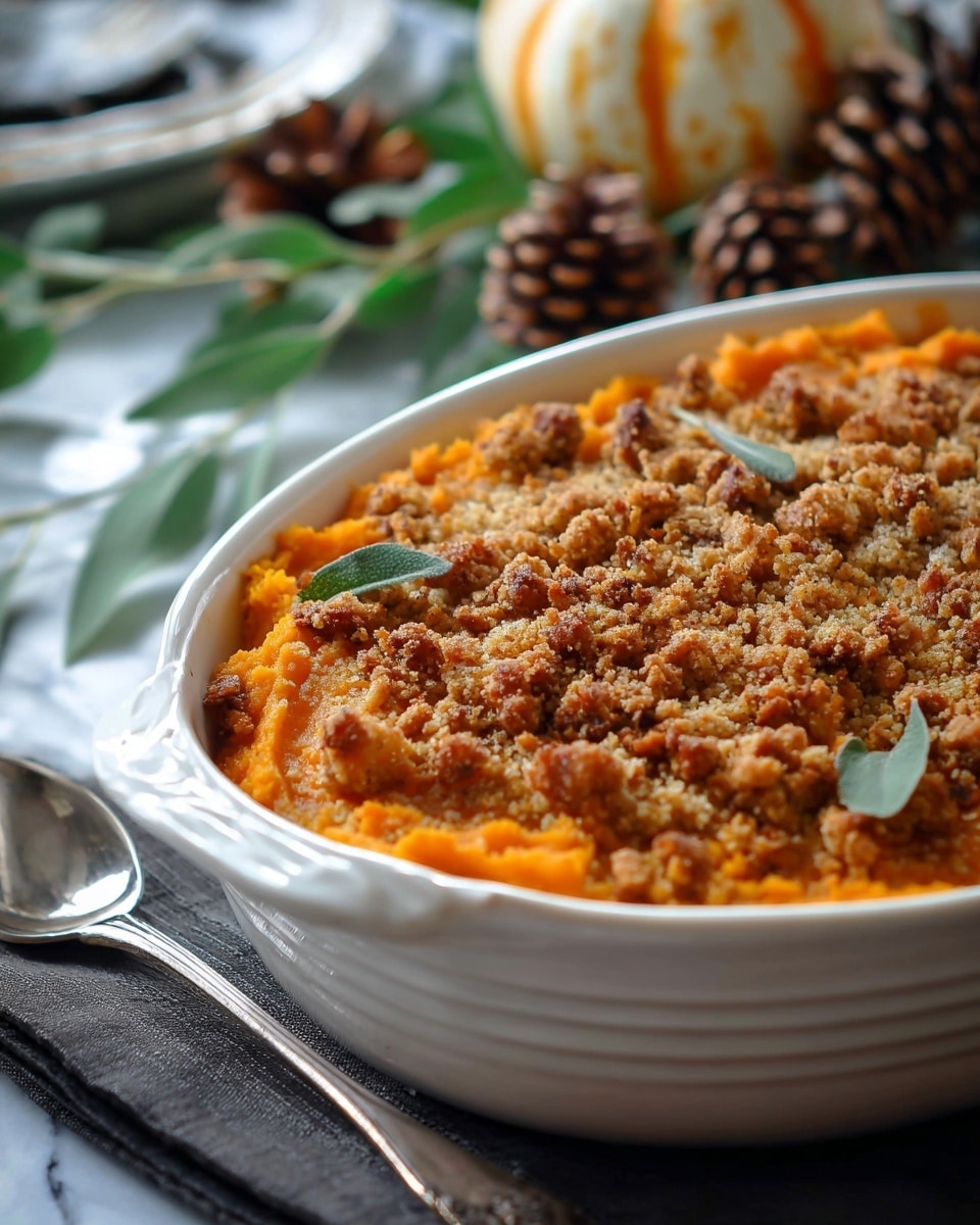 The dish shows a white oval ceramic baking dish filled with two layers: the bottom layer is smooth, bright orange mashed sweet potatoes with a soft texture, and the top layer is a crunchy, golden-brown crumb topping that is uneven and chunky, with small herb leaves placed on top near the edge. The dish sits on a dark cloth with a silver spoon resting beside it. In the blurred background, there are pine cones, a white pumpkin with orange streaks, and some green leaves, all set on a white marbled surface. photo taken with an iphone --ar 4:5 --v 7