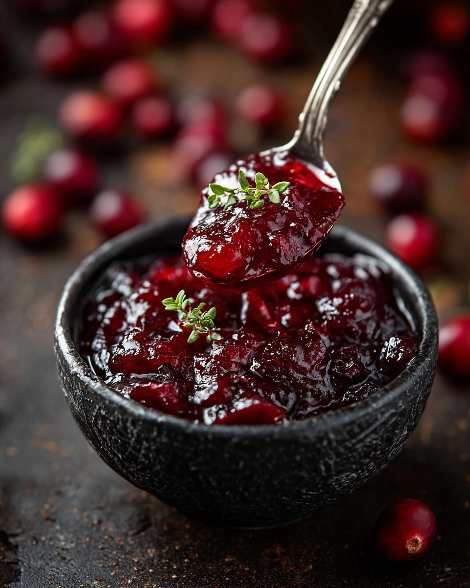 A close-up of a black textured bowl filled with thick, glossy deep red cranberry sauce. The sauce has a chunky texture with visible pieces of cranberries and a shiny surface. A silver spoon is resting inside the bowl, scooping some sauce, and there is a small green sprig placed on top as decoration. Around the bowl, there are whole cranberries scattered on a white marbled textured surface in soft focus. photo taken with an iphone --ar 4:5 --v 7