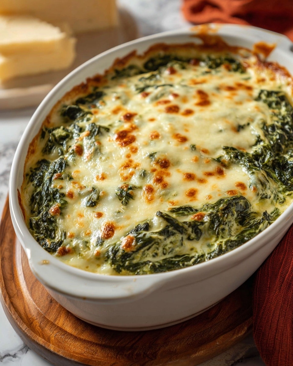 The image shows a white oval baking dish filled with a creamy spinach and cheese casserole. The dish has two main visible layers: the bottom layer is cooked, dark green spinach mixed with creamy sauce, and the top layer is melted cheese that is golden brown with small browned spots, creating a slightly bubbly texture. The edges of the cheese are slightly browned and crispy, adding contrast to the smooth middle of the casserole. The dish is placed on a wooden board, which sits on a white marbled surface, and the background includes a blurred block of cheese and a rust-colored cloth. Photo taken with an iphone --ar 4:5 --v 7
