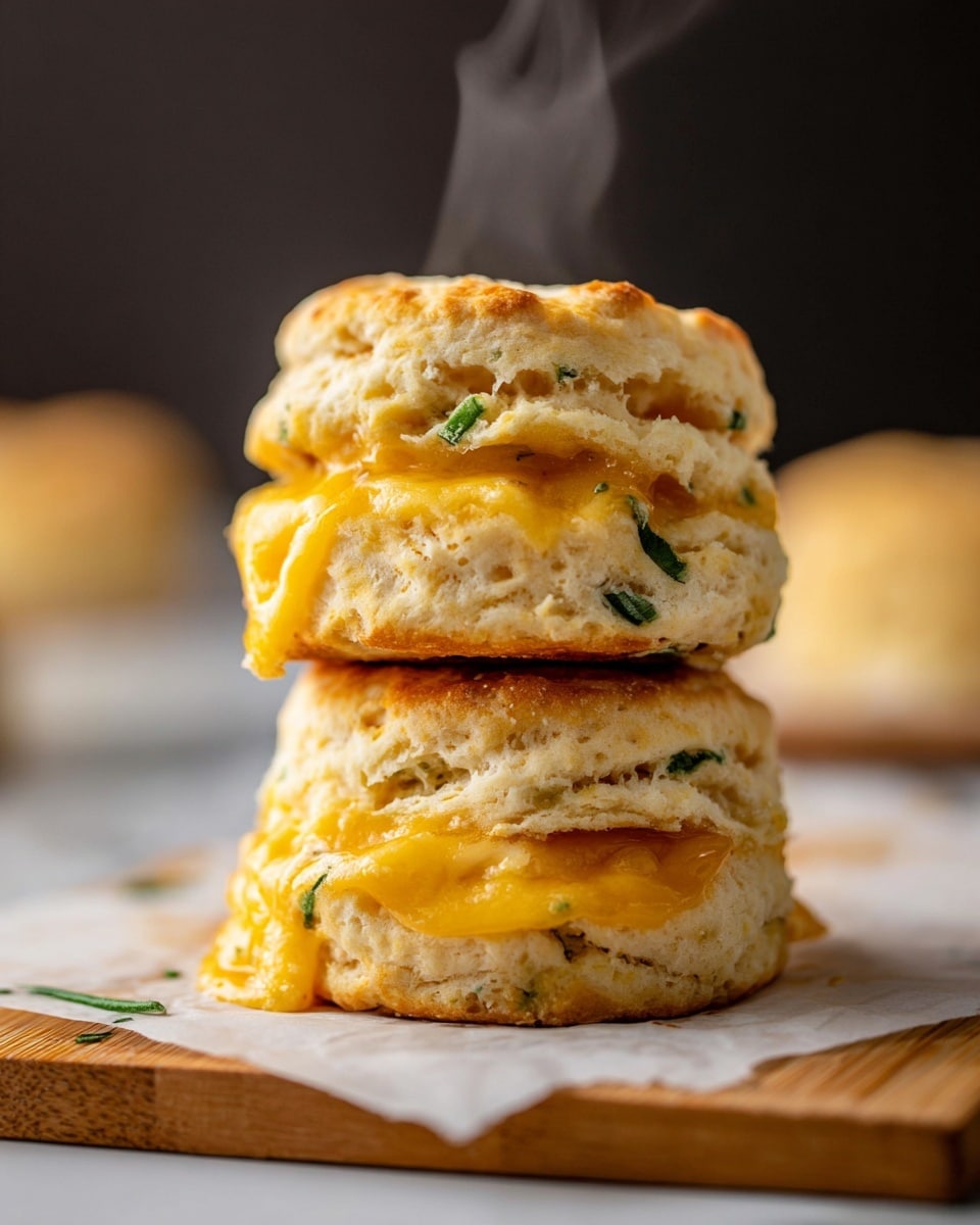 Two stacked biscuit sandwiches filled with melted yellow cheese and bits of green herbs, the top biscuit showing golden brown, fluffy layers with soft edges, and the cheese oozing out between the layers in the middle and bottom. The biscuits have a light beige, soft texture with visible air pockets. The sandwiches sit on white parchment paper, placed on a wooden surface with a blurred background showing more biscuits and a white bottle. Steam rises gently from the top sandwich, adding a warm, fresh look. photo taken with an iphone --ar 4:5 --v 7