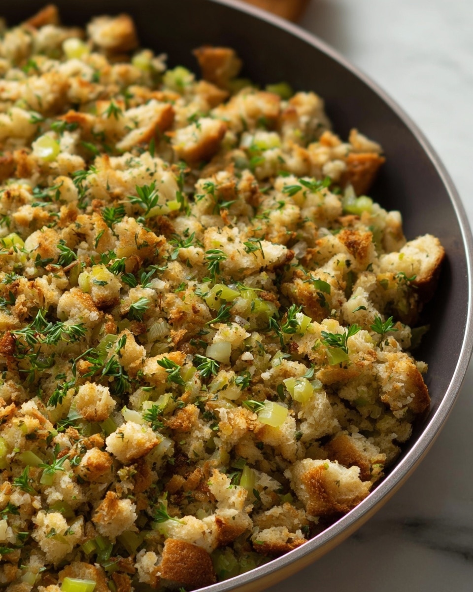 A close-up of a large pan filled with stuffing made of small, soft bread pieces mixed with light green celery bits and small brown fried crumbs. The dish is garnished with fresh green herbs scattered lightly on top, giving a sense of texture with fluffy, crumbly, and slightly crunchy parts visible throughout. The pan itself is detailed with a muted dark edge and sits on a white marbled texture. photo taken with an iphone --ar 4:5 --v 7