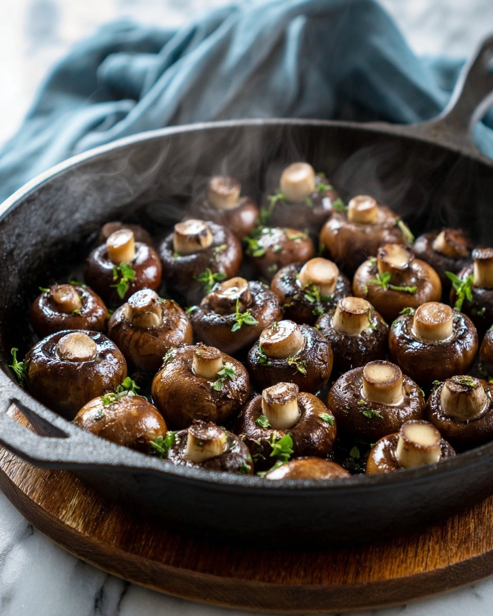 The image shows a black cast iron pan filled with cooked whole brown mushrooms, each mushroom showing a glossy, tender texture and light browning on the top of the stems. Small green herb leaves are scattered on the mushrooms, adding a fresh touch. Light steam rises from the hot mushrooms, creating a warm and appetizing scene. The pan sits on a round wooden board, and behind it, there is a blurred blue cloth on a white marbled textured surface. photo taken with an iphone --ar 4:5 --v 7