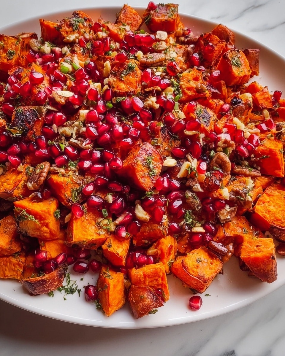 The image shows a white bowl filled with roasted sweet potato cubes in a bright orange-brown color, mixed with scattered white crumbles of cheese that have a light pink blush from juices. Bright red, glossy pomegranate seeds are sprinkled throughout, adding contrast and brightness. On top, there are a few sprigs of fresh green thyme lying diagonally across the bowl. The mix has a rich, textured look with the different shapes and colors layered closely, all placed on a white marbled surface. Photo taken with an iphone --ar 4:5 --v 7