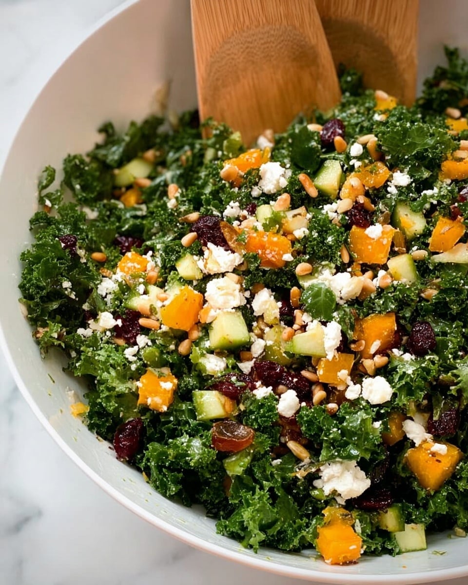 A large white bowl holds a fresh kale salad with several layers of colorful ingredients. The base layer is dark green kale leaves with a rough, slightly curled texture. Scattered on top are small cubes of light green apple and bright orange roasted butternut squash, both adding color and contrast. Small white crumbles of feta cheese are spread through the salad, adding texture and brightness. There are also shiny golden pine nuts and some dark red dried cranberries mixed in. Two wooden salad spoons rest inside the bowl on either side, and the bowl sits on a white marbled surface. Photo taken with an iphone --ar 4:5 --v 7