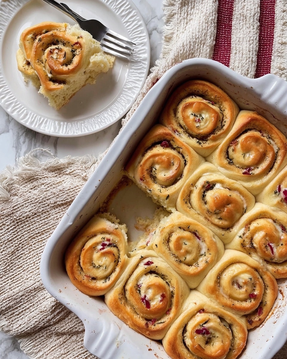 A white baking dish filled with nine golden brown spiral rolls, each roll showing two visible layers: a soft dough outer layer and an inner layer with white cheese and small red bits, likely cranberries or fruit pieces, with some green herb flakes scattered inside. One roll is missing from the dish, placed on a white plate beside it. The plate shows the spiral shape clearly, with the cheese and red bits peeking through the light brown dough layers. A fork is partially visible on the plate, all set on a white marbled surface with a hint of a red-striped cloth underneath. photo taken with an iphone --ar 4:5 --v 7
