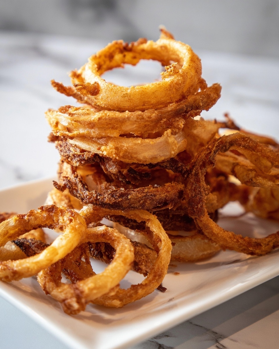 A close-up view of a pile of crispy fried onion rings, showing multiple thin layers of golden brown rings stacked randomly on a white plate, with some rings having darker, crunchy edges and a lightly textured batter coating, all on a white marbled surface. photo taken with an iphone --ar 4:5 --v 7
