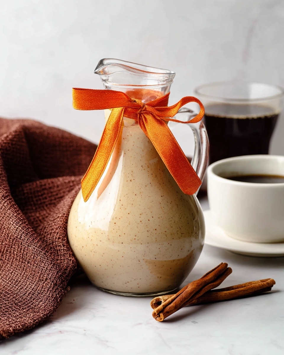 A clear glass jug filled with a creamy beige sauce that has small brown specks, tied around the neck with a bright orange ribbon bow. The jug is placed on a white marbled surface with two cinnamon sticks lying in front of it. To the left, there is a textured brown cloth, and behind the jug, there is a white cup filled halfway with dark black coffee. Photo taken with an iphone --ar 4:5 --v 7