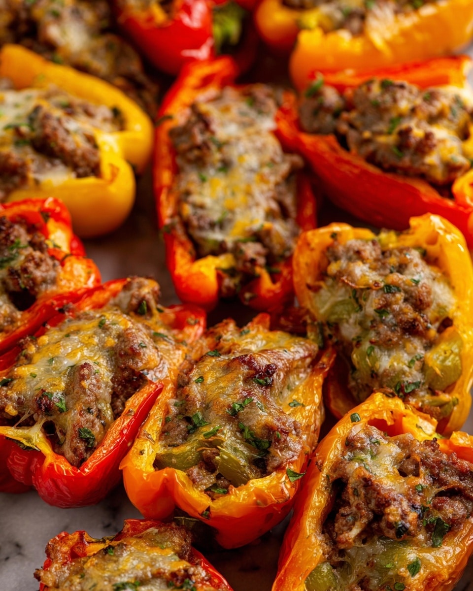 The image shows many stuffed mini peppers cut in half and filled with a mix of cooked ground meat, chopped green peppers, and melted cheese. The outer layer is colorful mini peppers in bright red, orange, and yellow colors, with a shiny, slightly wrinkled texture from cooking. Inside each pepper half, there is a dense mix of brown cooked meat with bits of green pepper visible, topped with a light golden melted cheese that looks slightly crispy. The peppers are piled closely together, filling the frame with a warm and hearty visual. The background is a white marbled texture. photo taken with an iphone --ar 4:5 --v 7