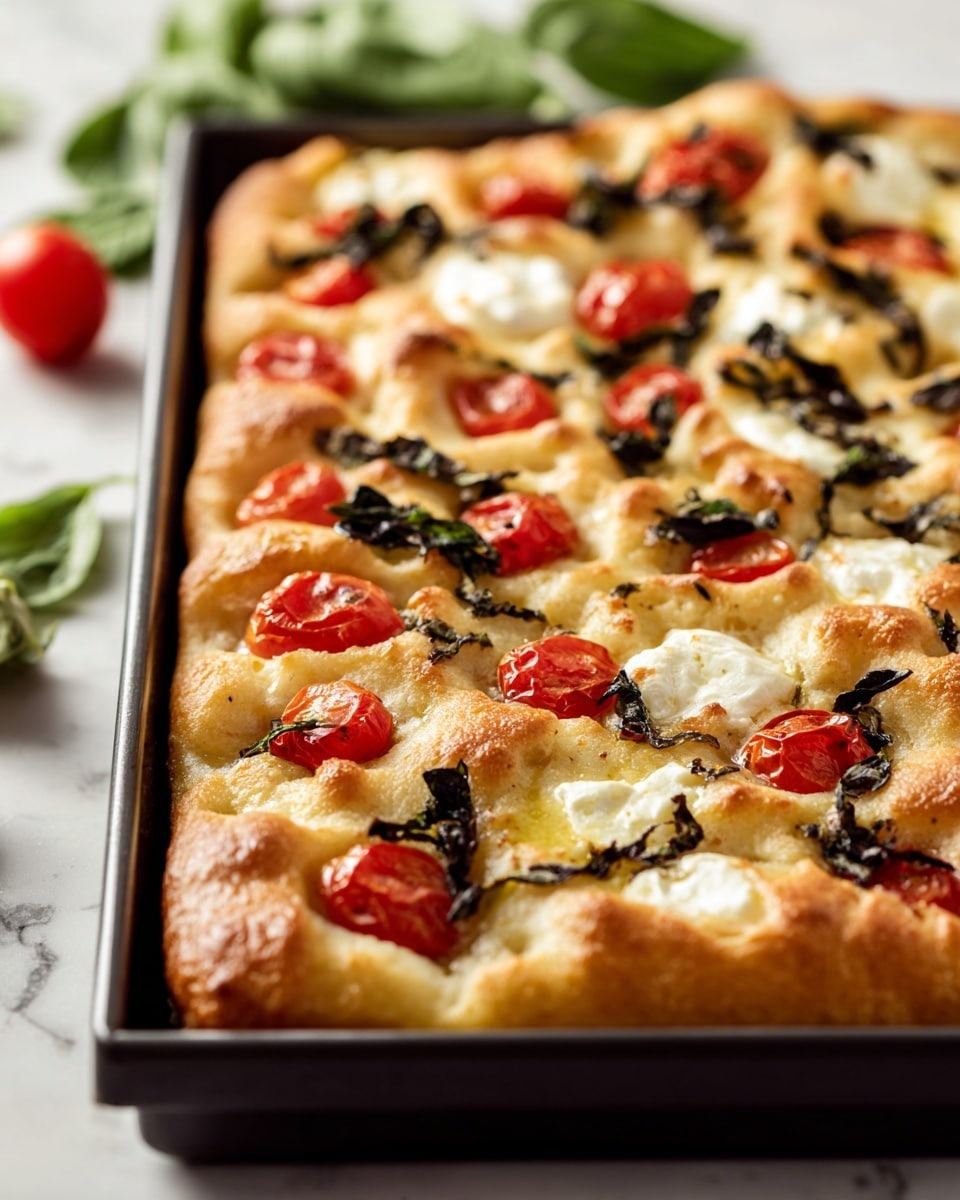 A close-up of a rectangular focaccia bread in a dark baking tray on a white marbled surface, showing a puffy, golden-brown crust with an airy texture. The focaccia is topped with scattered slices of bright red cherry tomatoes and torn pieces of dark green basil leaves, along with melted white mozzarella cheese that has browned slightly in spots. The background has some fresh green herbs and a single red cherry tomato slightly out of focus. The bread's surface has a rustic look with visible dimples and soft, uneven texture. photo taken with an iphone --ar 4:5 --v 7