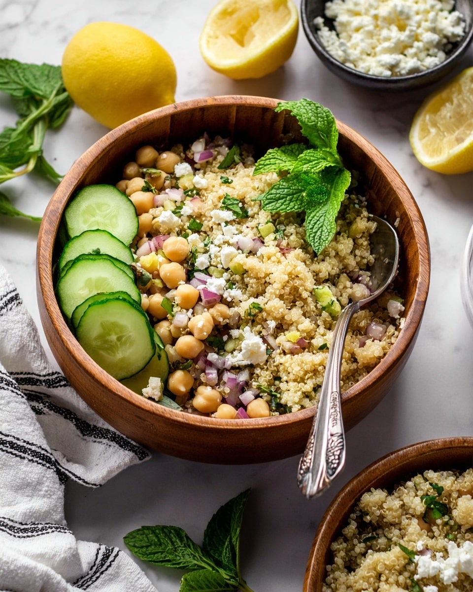 A wooden bowl filled with a layered quinoa salad; the bottom layer is fluffy light beige cooked quinoa, mixed with small pieces of red onion and chopped herbs. On top of the quinoa are pale yellow chickpeas and small chunks of white feta cheese scattered evenly. There are a few bright green cucumber slices arranged on one side inside the bowl, with a sprig of fresh green mint and parsley leaves placed on top as garnish. A silver spoon rests inside the bowl on the right side. The bowl is placed on a white marbled surface with a white and black striped cloth and halves of yellow lemons nearby, along with fresh mint leaves and a small dark bowl containing extra crumbled feta cheese. Photo taken with an iphone --ar 4:5 --v 7