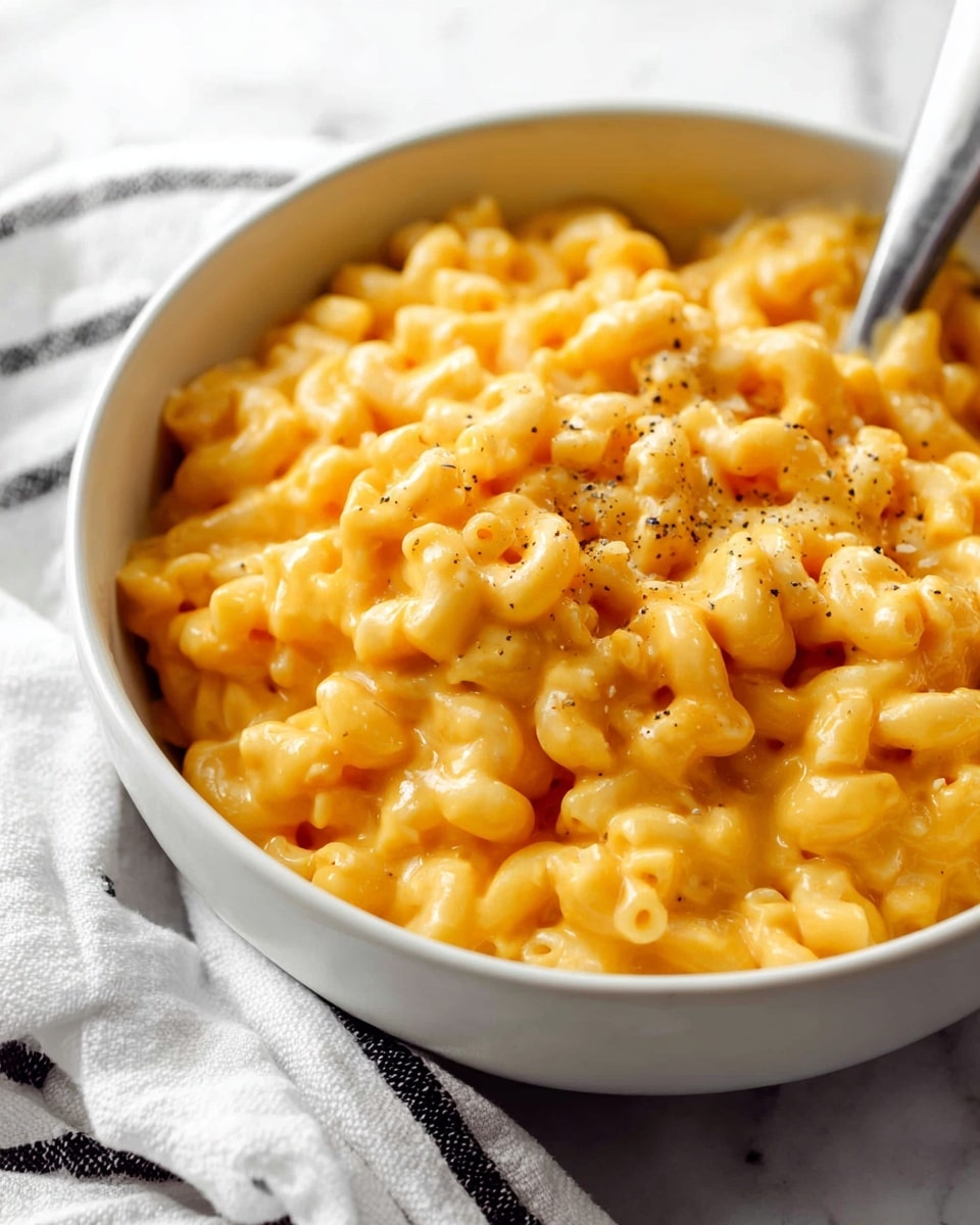 A close-up view of a white bowl filled with a single layer of creamy, bright orange macaroni and cheese, the pasta coated smoothly in the cheesy sauce with a slightly glossy texture, topped with small specks of black pepper scattered lightly across the surface. The bowl sits on a white marbled textured surface next to a white cloth with black stripes, and a silver spoon is partially visible resting inside the bowl at the top right corner. photo taken with an iphone --ar 4:5 --v 7