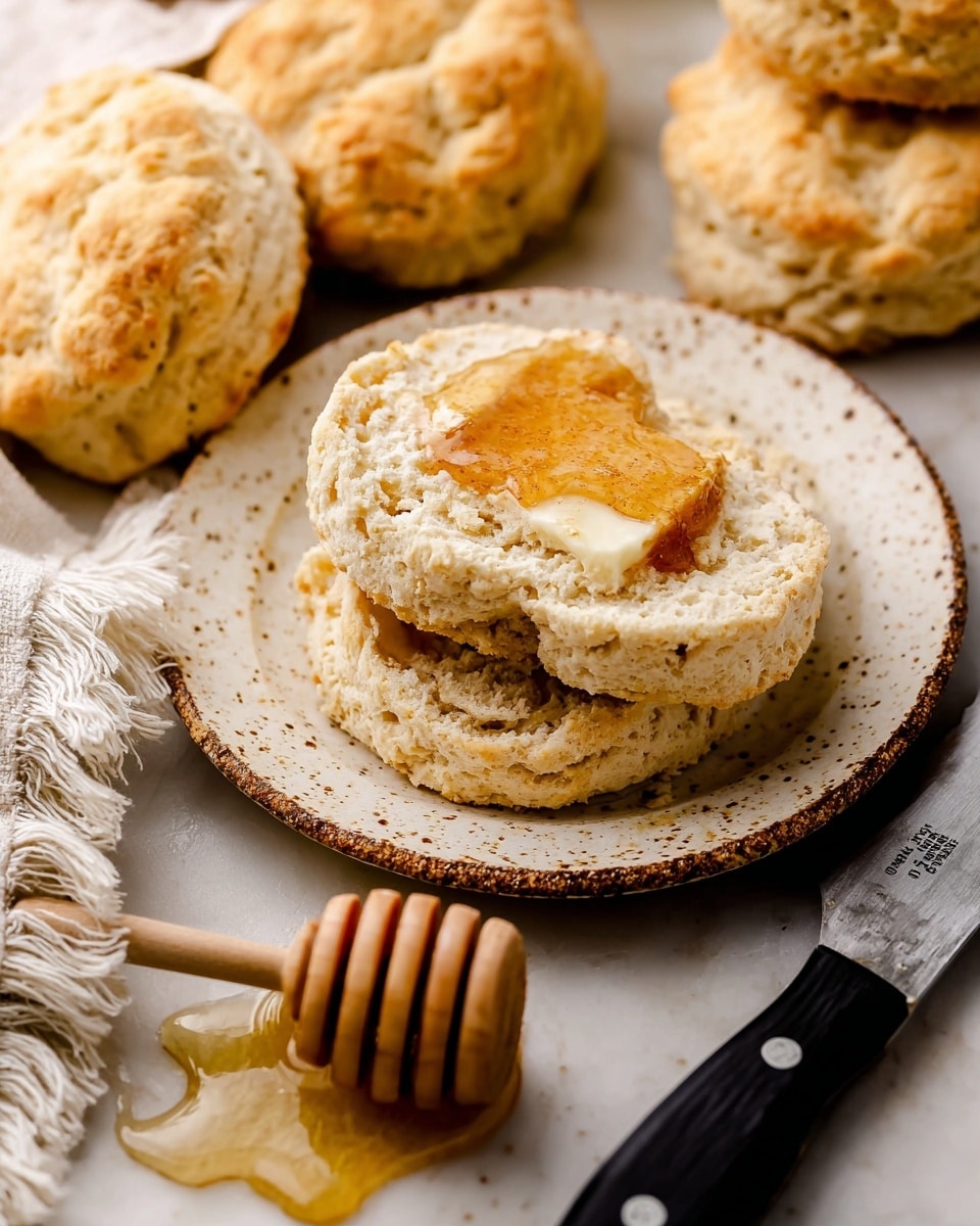 A close-up of a split biscuit placed on a small white plate with brown speckled edges, showing two layers of soft, light beige bread with a rough texture and golden honey spread unevenly on top. Around the plate are several whole biscuits with a golden-brown crust and rough, cracked surfaces. A honey dipper with honey drips rests diagonally in the foreground on a white marbled surface, next to the bottom of the plate. Part of a knife with a black handle and silver rivets lies to the right. In the lower-left corner, a fringed white cloth is partially visible. Photo taken with an iphone --ar 4:5 --v 7