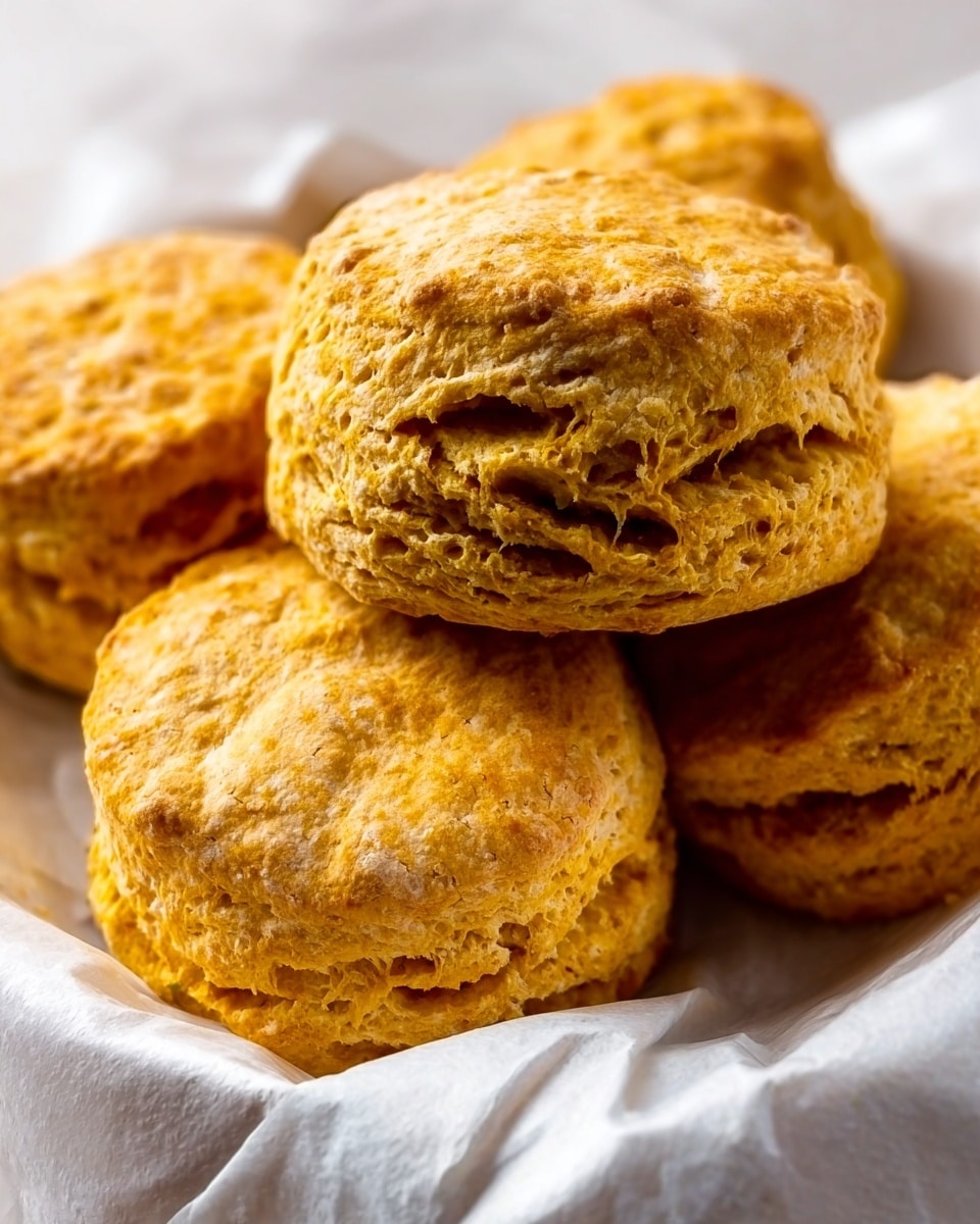 The image shows four golden brown biscuits with a rough, slightly cracked texture, stacked closely together on a white crinkled paper liner. The biscuits are round, fluffy, and have a warm, inviting color with visible layers indicating a soft and flaky inside. The background is a white marbled texture that contrasts softly with the biscuits' warm tones, highlighting their fresh-baked look. photo taken with an iphone --ar 4:5 --v 7