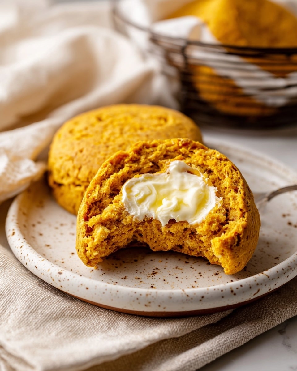 Two round pumpkin-colored biscuits with a rough texture sit on a white speckled plate. The biscuit in the front has a bite taken out of it, showing a soft inside spread with melted white butter in the center. Another whole biscuit rests behind it. The plate is on a folded light beige cloth, and in the background, there is a metal basket blurred with more biscuits inside. Photo taken with an iphone --ar 4:5 --v 7