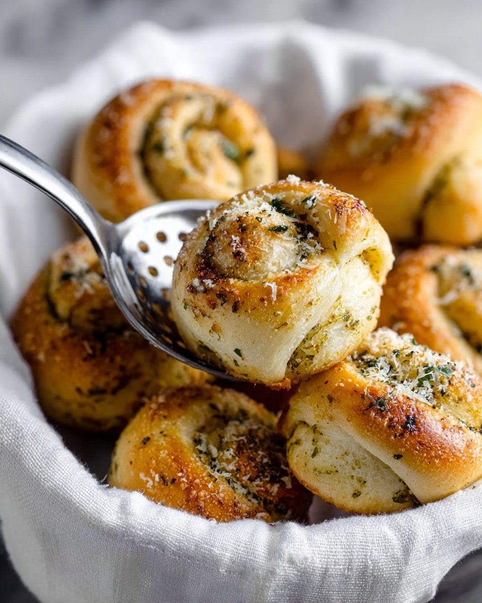 The image shows a white cloth-lined basket filled with several golden-brown garlic knots. Each knot is round and twisted with visible layers of dough coated in herbs and garlic bits, giving a textured look. The tops have a light sprinkle of grated cheese and small green herb flecks, adding specks of white and green over the warm, toasted surface. A silver slotted spoon is partially lifting one knot from the basket, and the background is a white marbled texture. photo taken with an iphone --ar 4:5 --v 7