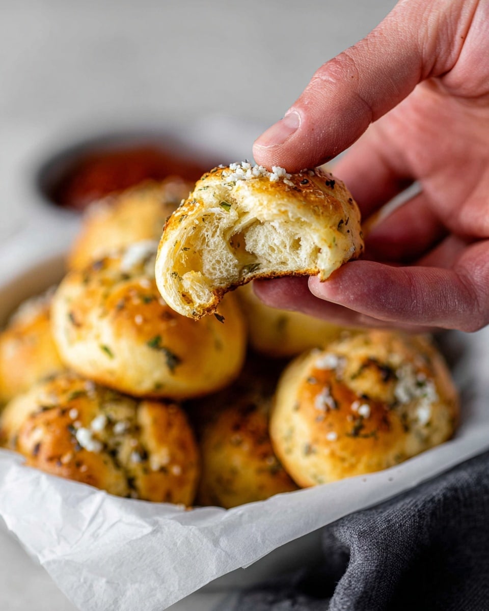A close-up view shows a woman's hand holding a small baked bread piece, broken open to reveal a soft, airy inside with a golden-brown crust sprinkled with herbs and a light dusting of white cheese or seasoning on top. In the background, more of these small round breads with similar texture and toppings rest in a white bowl lined with white parchment paper, all set on a white marbled surface. The colors focus on warm golden tones of the bread with hints of green from herbs and white from cheese or seasoning. Photo taken with an iphone --ar 4:5 --v 7