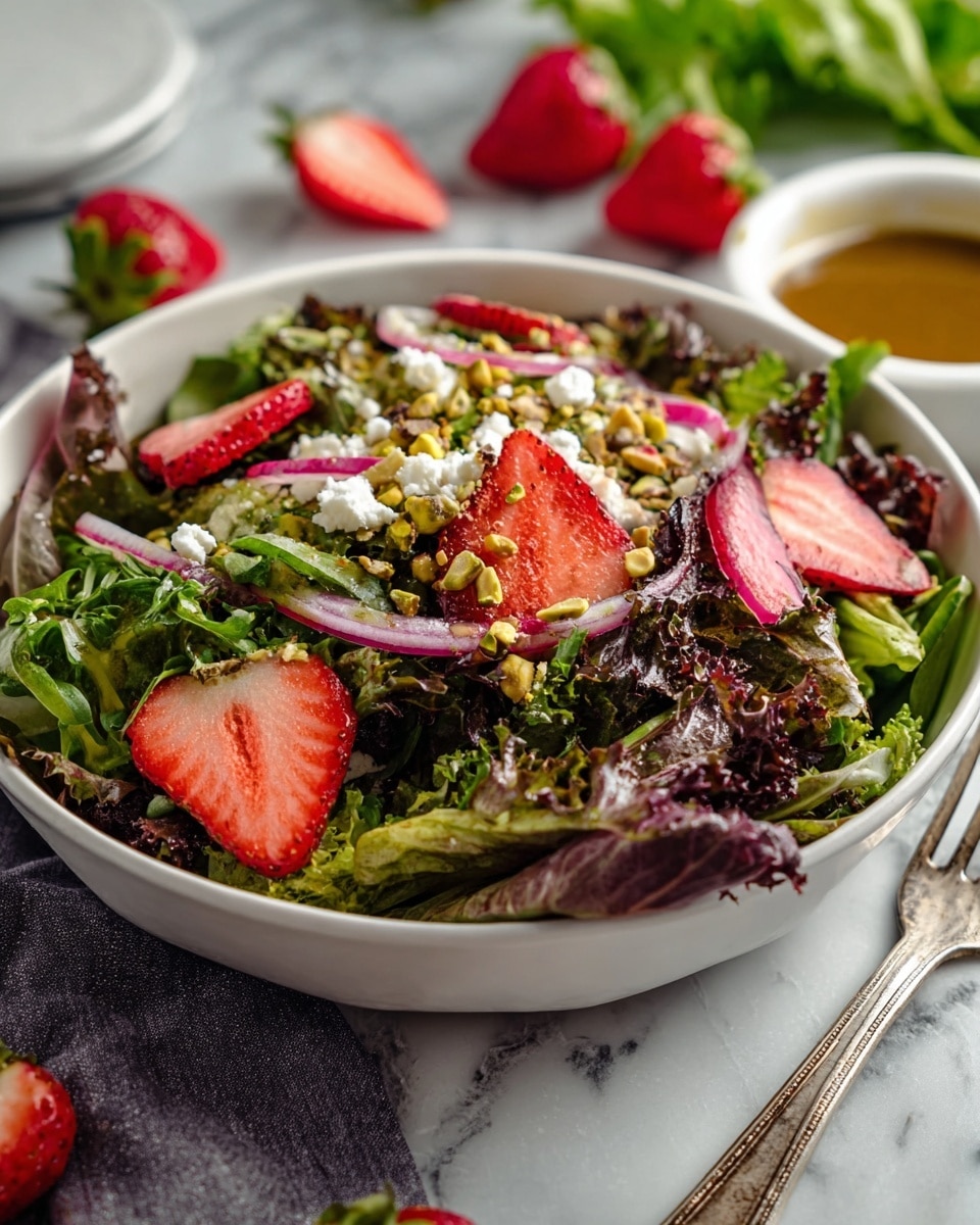 A white bowl filled with a colorful salad featuring a mix of green and purple leafy greens as the base layer. On top, there are thin slices of bright red strawberries and thin, translucent rings of red onion scattered throughout. Roughly chopped green pistachios cover parts of the salad, adding texture. Crumbled white cheese pieces are sprinkled mostly around the edges. The bowl is placed on a white marbled surface, with whole strawberries, some scattered salad leaves, and a fork nearby. A small bowl of dressing is seen blurred in the background. Photo taken with an iphone --ar 4:5 --v 7