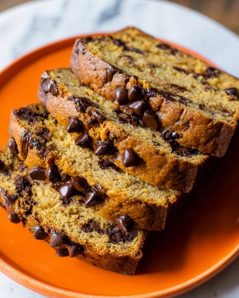 This image shows four thick slices of chocolate chip bread stacked slightly askew on an orange plate. The bread has a golden brown crust with a soft, moist interior filled generously with dark chocolate chips, some melted slightly inside the bread. The top of each slice is rough and textured with scattered chocolate chips shining on the surface. The orange plate contrasts with the warm tones of the bread. The background is a white marbled texture. photo taken with an iphone --ar 4:5 --v 7