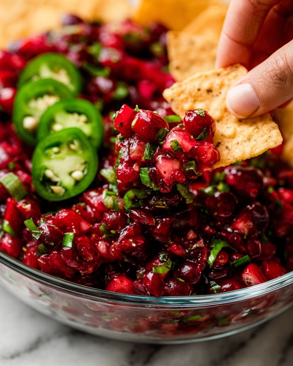 The image shows a close-up of a clear bowl filled with a bright red cranberry salsa mixed with finely chopped green herbs and onions, giving the salsa a fresh, textured look. On top of the salsa, there are a few sliced green jalapeño rings visible on the left side. A woman's hand is holding a golden brown tortilla chip dipping into the salsa on the right edge of the bowl. The bowl and the hand are set on a white marbled textured surface. The colors contrast well, with the deep red cranberries, fresh green jalapeño and herbs, and the crunchy golden chip. photo taken with an iphone --ar 4:5 --v 7