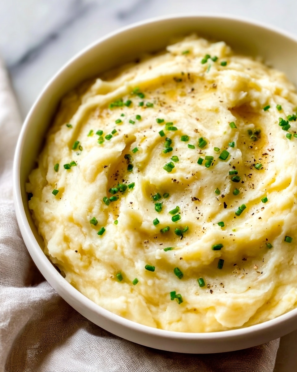 A close-up of a creamy mashed potato dish served in a white bowl. The top layer is smooth with gentle swirls and a light golden color, sprinkled evenly with small bits of bright green chives and some black pepper specks, adding contrast. The bowl rests on a soft, light-colored fabric on a white marbled surface. Photo taken with an iphone --ar 4:5 --v 7