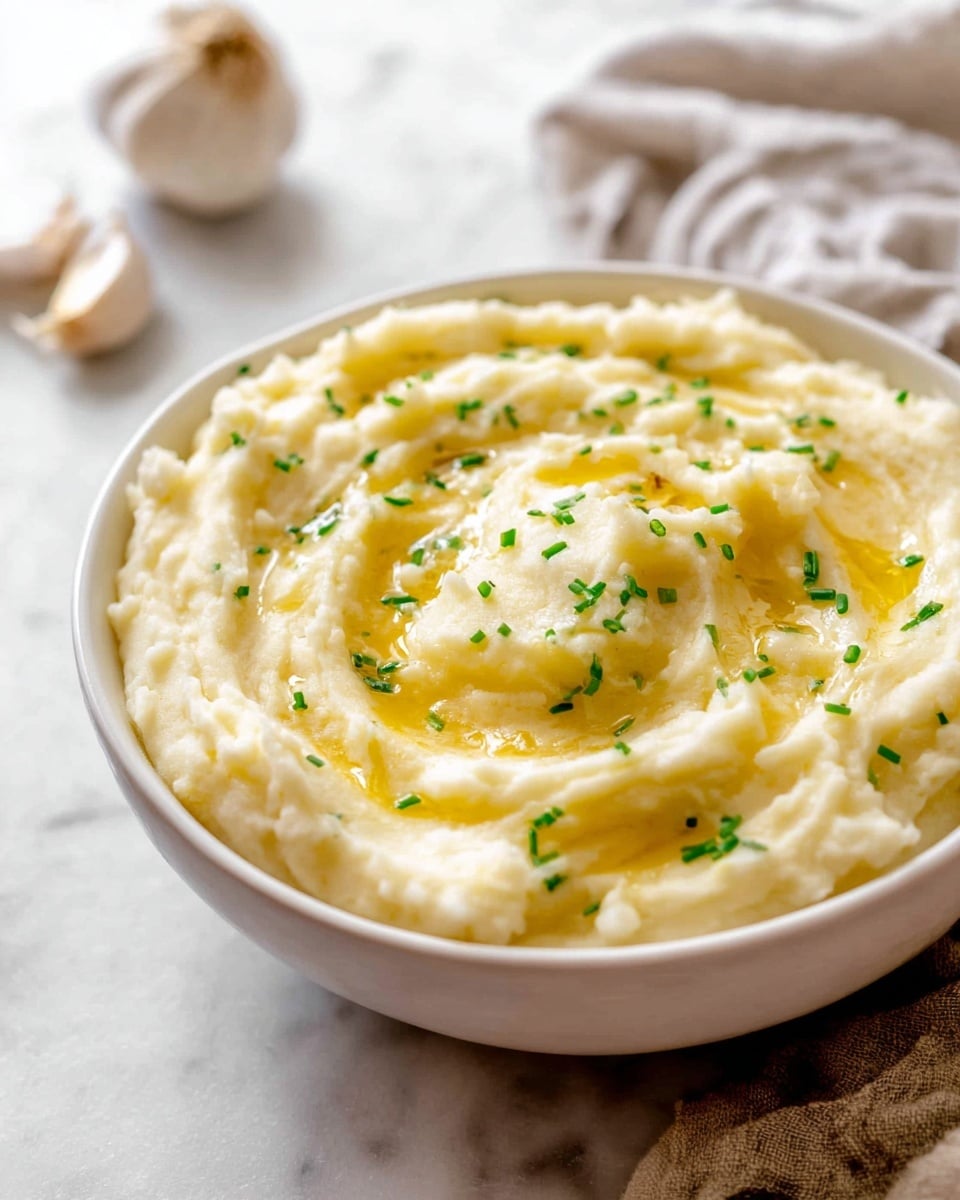 A white bowl filled with creamy mashed potatoes, showing smooth and slightly textured swirls on top. The surface has a light golden drizzle of melted butter that pools gently in the middle, creating shiny highlights. Small, chopped green chives are sprinkled evenly across the top, adding a touch of fresh color. The bowl sits on a white marbled surface, softly lit with natural light that brings out the warm and inviting colors of the dish. In the background, there is a softly blurred garlic bulb and some light-colored cloth, adding a homely touch. photo taken with an iphone --ar 4:5 --v 7
