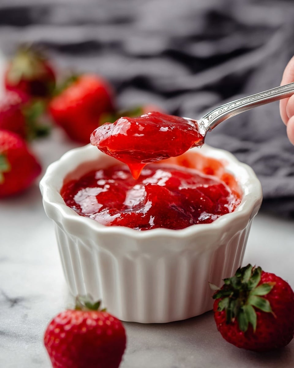 A white fluted bowl filled with bright red strawberry jam, showing a thick, glossy texture with visible pieces of soft strawberry throughout; a silver spoon lifts a spoonful of the jam, catching light on its shiny surface. Around the bowl are fresh, whole strawberries with green leaves, placed on a white marbled surface. In the background, a dark gray cloth creates a soft, textured contrast. A woman's hand is holding the spoon. photo taken with an iphone --ar 4:5 --v 7