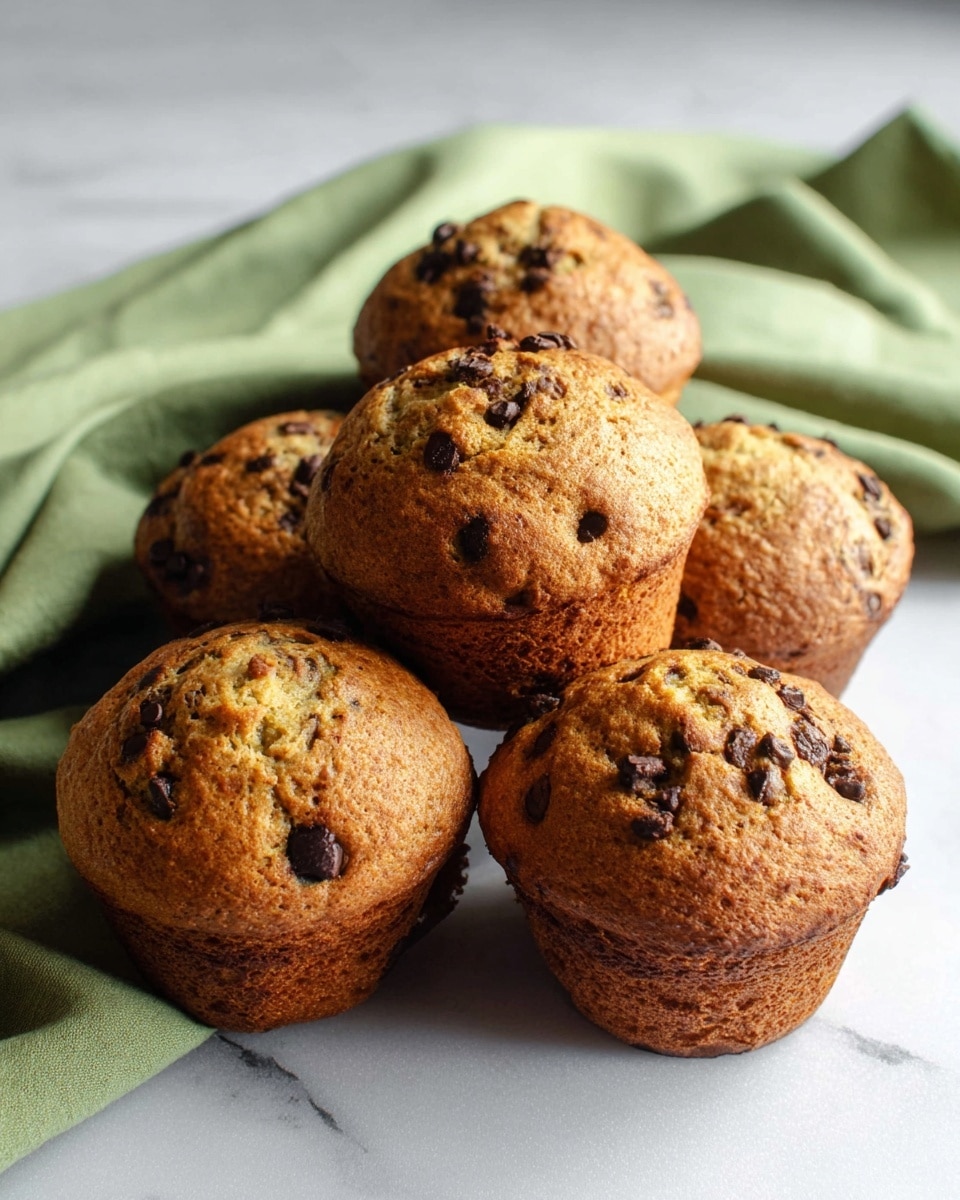 Five golden brown muffins with a slightly rough texture are clustered together on a white marbled surface. Each muffin is dotted generously with small dark chocolate chips visible on the rounded tops and sides. Behind the muffins lies a soft green cloth, casually draped and slightly wrinkled, adding a touch of color contrast to the scene. The lighting softly highlights the warm tones and textures of the muffins, making them look fresh and inviting. photo taken with an iphone --ar 4:5 --v 7