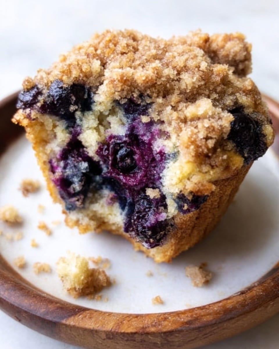A close-up of a half-eaten blueberry muffin resting on a round white plate, showing a crumbly golden-brown top layer with scattered crumbs around it, the middle layer filled with plump dark purple blueberries contrasting with the soft light beige cake underneath. The plate sits on a white marbled surface. Photo taken with an iphone --ar 4:5 --v 7