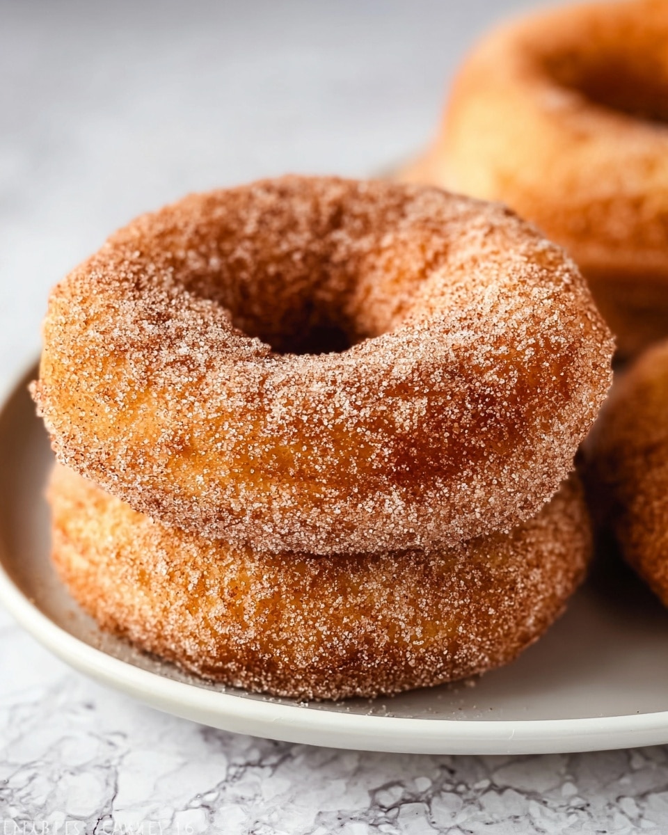 A close-up image of two round donuts stacked on a white plate, each donut covered in a thick layer of sugar and cinnamon crystals that create a rough texture. The top donut is in focus, showing its golden-brown fried surface under the sugary coating, while the second donut is slightly blurred in the background. The donuts have a rough, grainy outer layer with a soft inside visible through the central hole. They are placed on a white marbled surface that contrasts softly with the warm colors of the donuts. Photo taken with an iphone --ar 4:5 --v 7