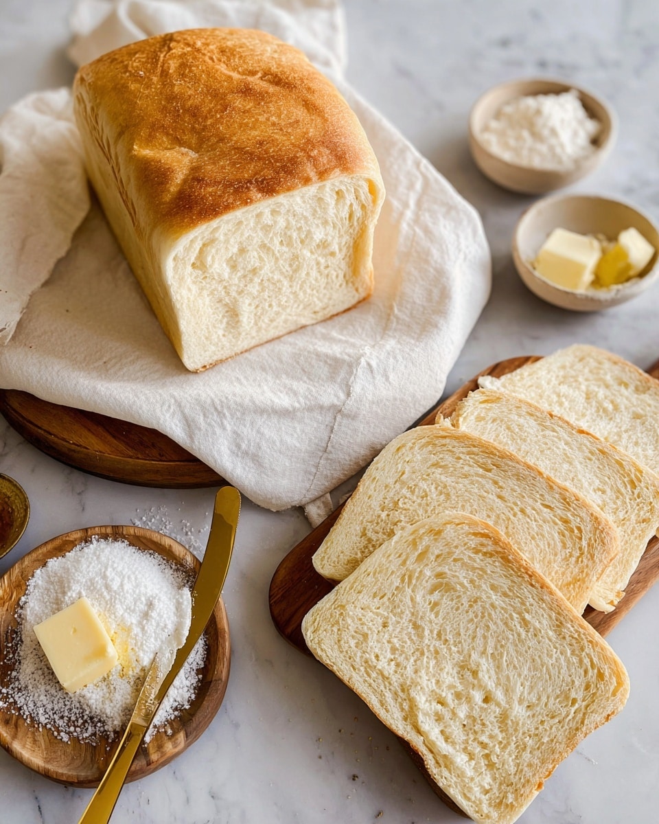 A close-up view of a single slice of soft white bread placed on a white cloth atop a round wooden board, with a gold butter knife spreading a thin layer of butter on the top left corner of the bread. Above the slice, two more slices of white bread are slightly overlapping each other. In the foreground, the open loaf of white bread with a textured, soft crust is partially visible. The background surface is a white marbled texture. photo taken with an iphone --ar 4:5 --v 7