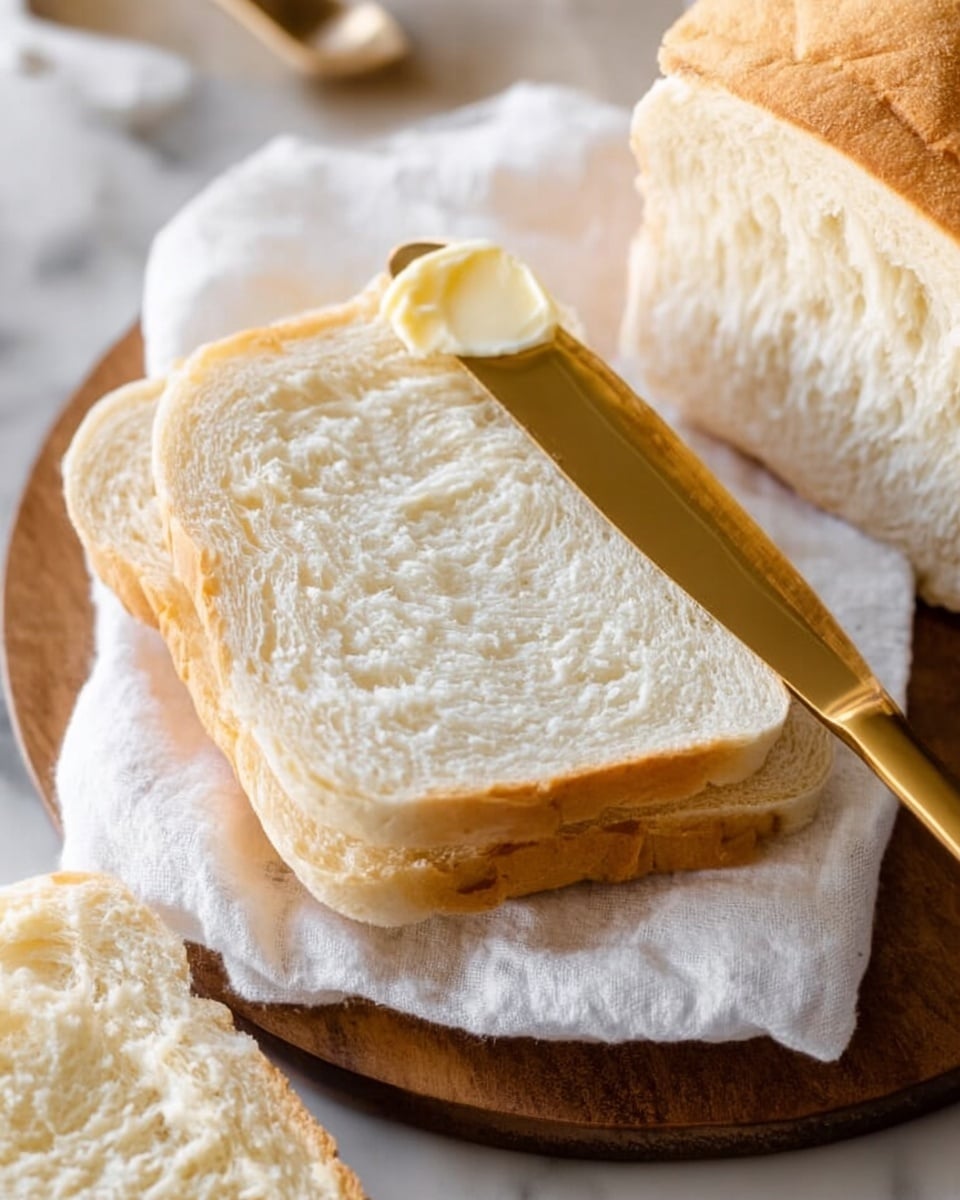 The image shows a freshly baked loaf of soft white bread with a lightly golden-brown crust on top, resting on a white cloth on a wooden round board. Beside it, there are four thick slices of the bread spread out on a white marbled surface, each with a soft, airy inside texture and a light tan crust. On top of one slice on the wooden board, there is a gold-colored butter knife with a small dollop of pale yellow butter on its tip. Around the bread, small bowls hold flour, butter, and sea salt, all placed on the white marbled background. photo taken with an iphone --ar 4:5 --v 7