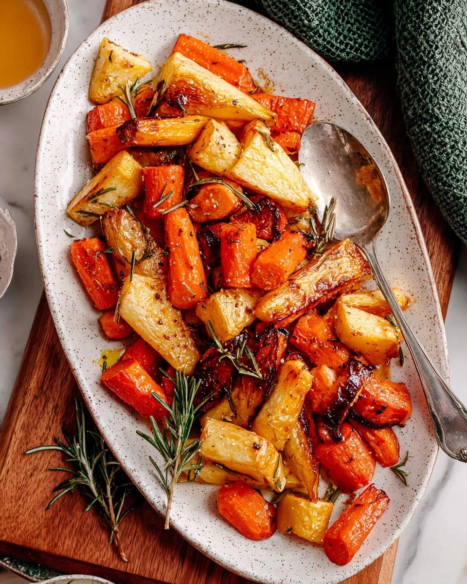 A white oval dish filled with two main layers of roasted root vegetables: thick, soft chunks of golden-brown parsnips with slightly crisp edges, and bright orange carrot pieces that have a glossy, caramelized finish. The vegetables are scattered with small sprigs of fresh green rosemary and coarse salt flakes, adding texture and color contrast. On one side of the dish, a vintage silver spoon rests, partially under a parsnip piece. The dish is placed on a white marbled surface with a hint of a green textured cloth nearby. photo taken with an iphone --ar 4:5 --v 7