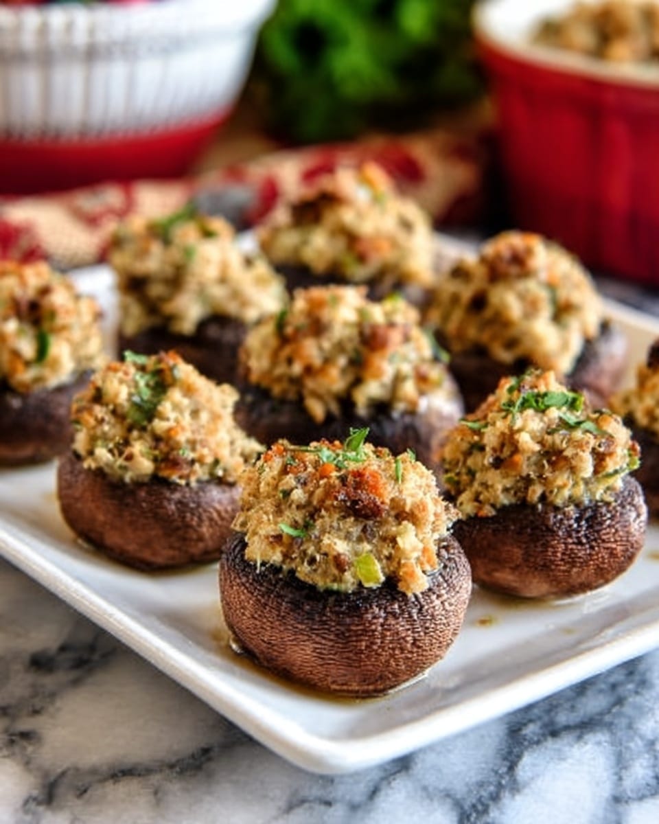 The image shows a white rectangular plate holding six stuffed mushrooms arranged in two rows. Each mushroom cap is filled with a mixture that has a crumbly texture and a light brown color with hints of green and orange, suggesting a mix of herbs and finely chopped ingredients. The mushrooms are dark brown with a smooth and slightly shiny surface. The plate sits on a white marbled surface with a blurred background showing a red and white bowl and some greenery. Photo taken with an iphone --ar 4:5 --v 7