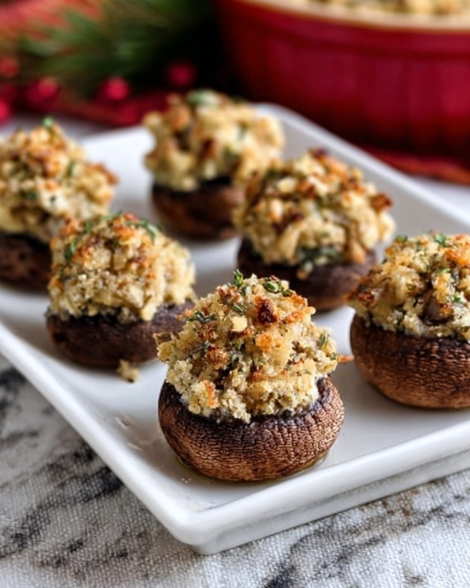 The image shows five stuffed mushrooms arranged neatly on a white rectangular plate, placed on a white marbled surface. Each mushroom cap is filled with a crumbly mixture that looks like chopped nuts, herbs, and possibly cheese, with a slightly rough texture and a creamy beige color. The mushrooms are dark brown with a smooth and slightly shiny surface, and the filling sits slightly raised above the edges of each cap. The background includes a blurred red bowl and some greenery, adding a warm contrast to the scene. Photo taken with an iphone --ar 4:5 --v 7