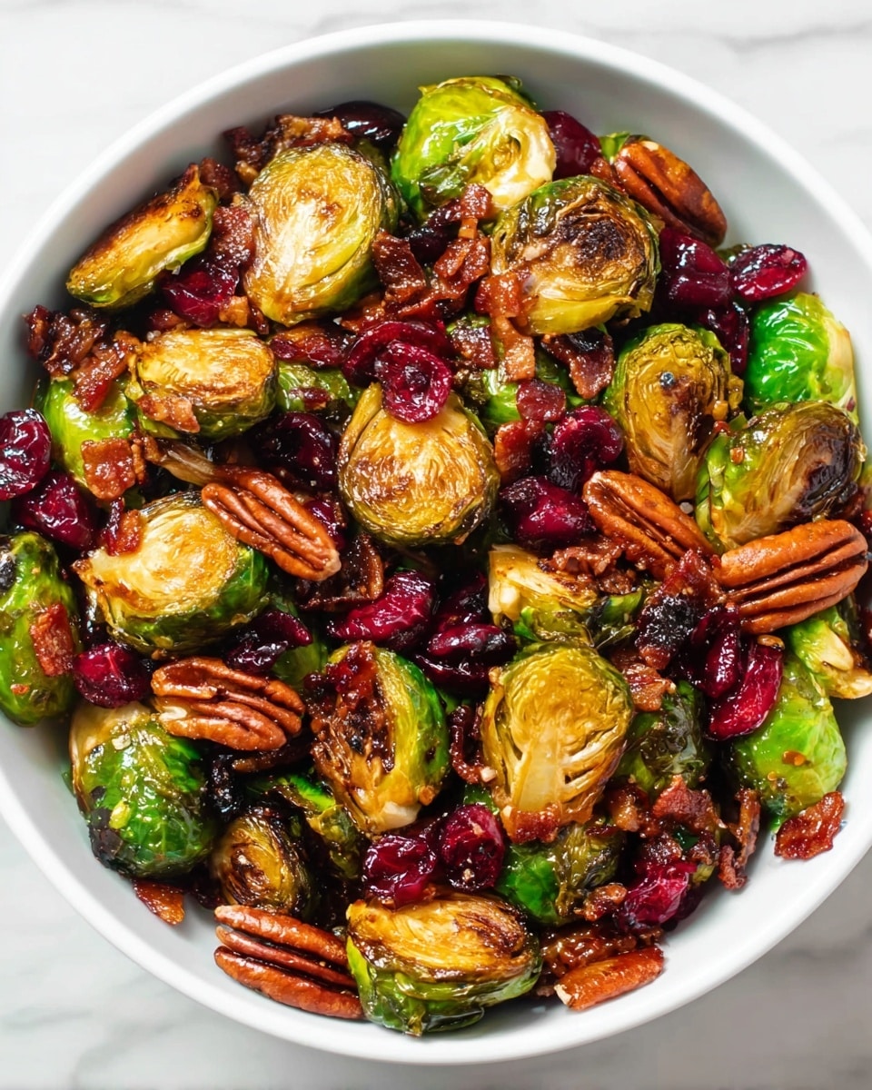 A white bowl filled with a colorful mix of roasted Brussels sprouts, pecans, cranberries, and crispy bacon pieces. The Brussels sprouts are halved, showing a golden brown outer layer with some parts slightly charred and green inside. The pecans are whole, shiny, and deep brown, scattered evenly over the sprouts. The bright red dried cranberries add a pop of color, and the bacon pieces are small, crispy, and dark reddish-brown, mixed throughout. The bowl sits on a white marbled surface. photo taken with an iphone --ar 4:5 --v 7