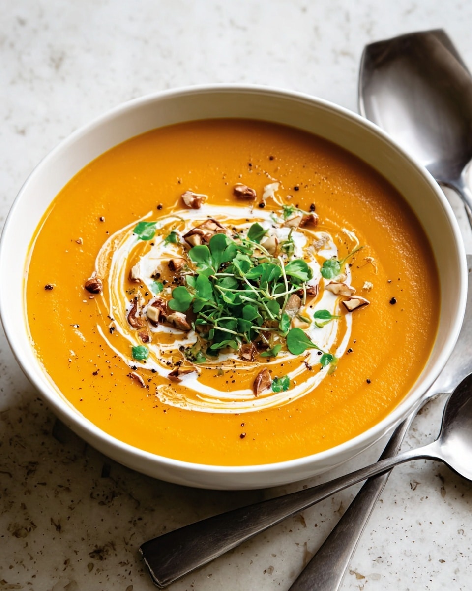 A white bowl holds a smooth, thick layer of bright orange soup filling almost to the top. On the surface, there is a swirl of white cream creating a loose circle in the middle. Small brown nut pieces and cracked black pepper are scattered on top. A cluster of fresh green herbs with small leaves sits in the center, adding texture and height. The bowl is placed on a surface with a white marbled texture, and next to it are two metal spoons. photo taken with an iphone --ar 4:5 --v 7