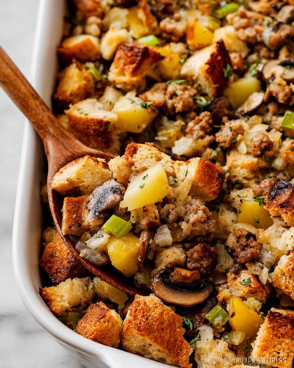 The dish is a close-up of a cooked stuffing mix in a white baking dish. It has roughly three layers mixed together: golden-brown toasted bread chunks that are crusty with a soft inside, pieces of yellowish-green celery and cooked mushrooms scattered throughout, and small blobs of cooked sausage meat showing a slightly crispy brown texture. There are also bits of diced apples with yellow skin, adding soft contrast among the bread and vegetables. A dark wooden spoon scoops some of the stuffing from the right side, resting in the mixture. The background surface is a white marbled texture. photo taken with an iphone --ar 4:5 --v 7